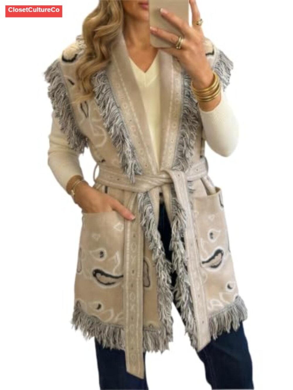 Womens Sleeveless Long Cardigan Fringe Shawl Collar Boho Paisley Belted